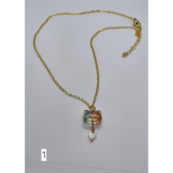 Handmade Glass Cat Necklace Pendant Shell Heart Gold-Plated Adjustable Chain - Picture 6 of 8